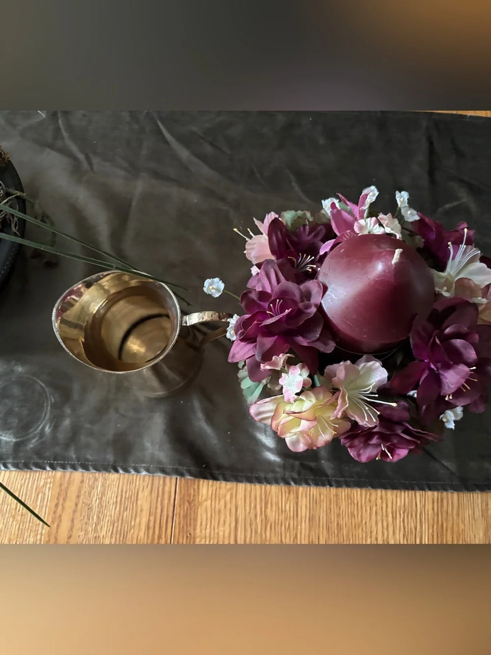 Brass Candle Holder with Floral Arrangement with Burgundy Candle - Brass Pithcer